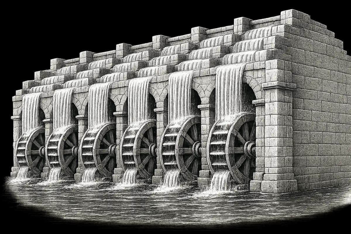 Waterwheels beneath the aqueduct arches